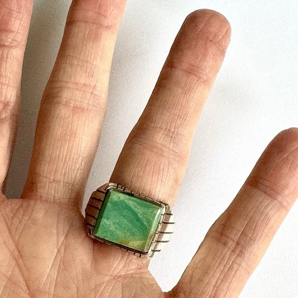 Navajo Turquoise Mens Ring Sz 13 Rectangle Signed Jack‎ Sterling 14mm